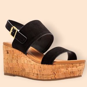 Qupid CALEB-42 Black Ankle Strap Slingback Platform Wedge Sandal